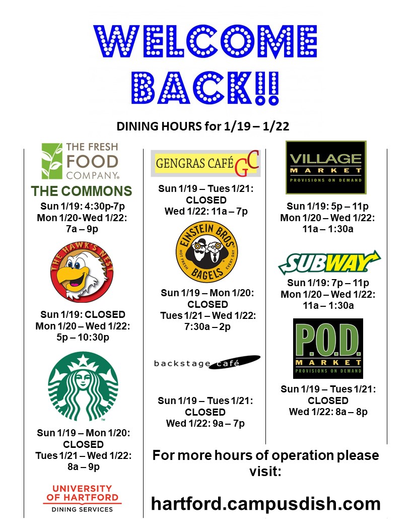 Dining Hours of Operation for Jan. 1922 University of Hartford